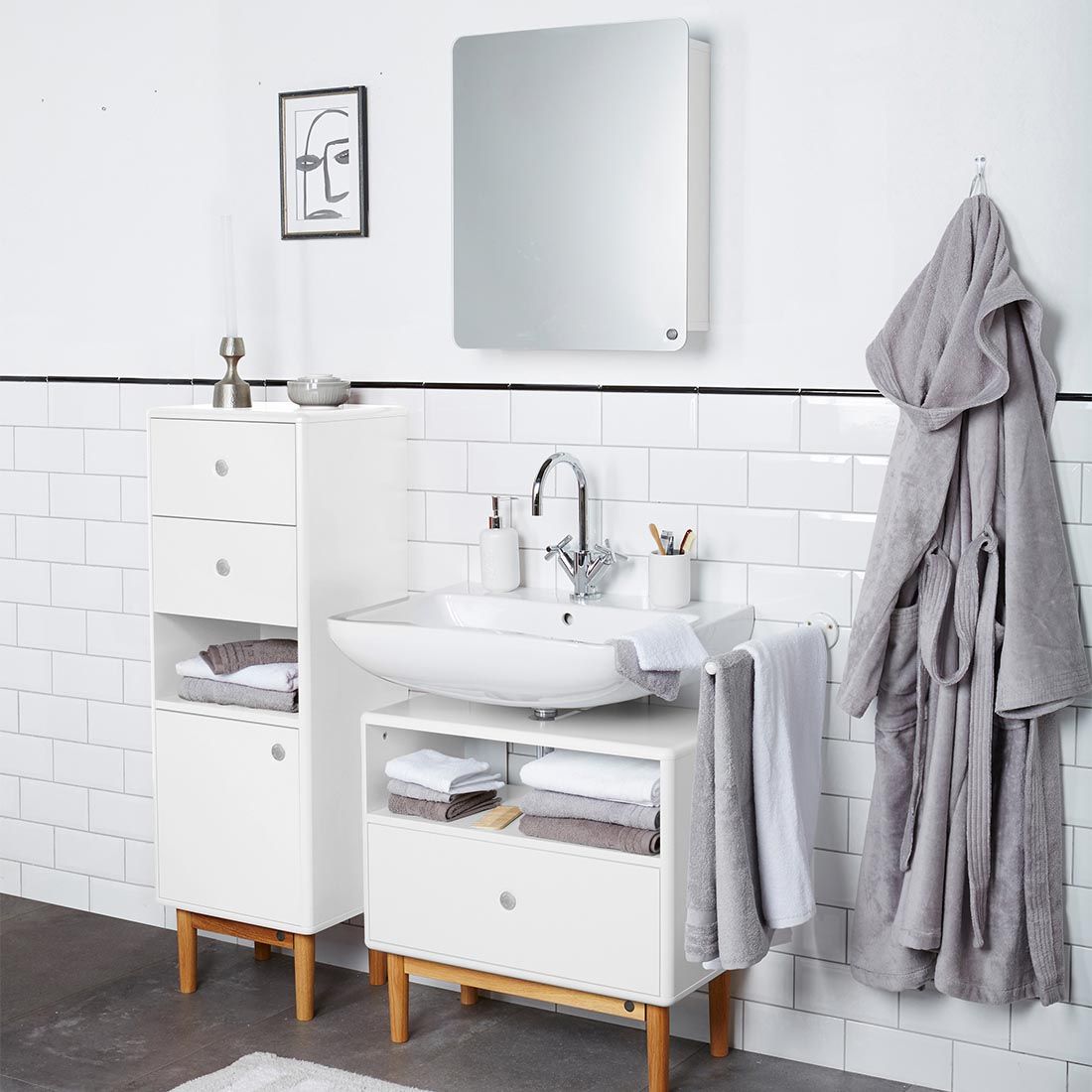 TAILOR HOME Weiß/Eiche Fußgestell 65,5x33,5x63,5cm Color Waschbeckenunterschrank mit Bath TOM